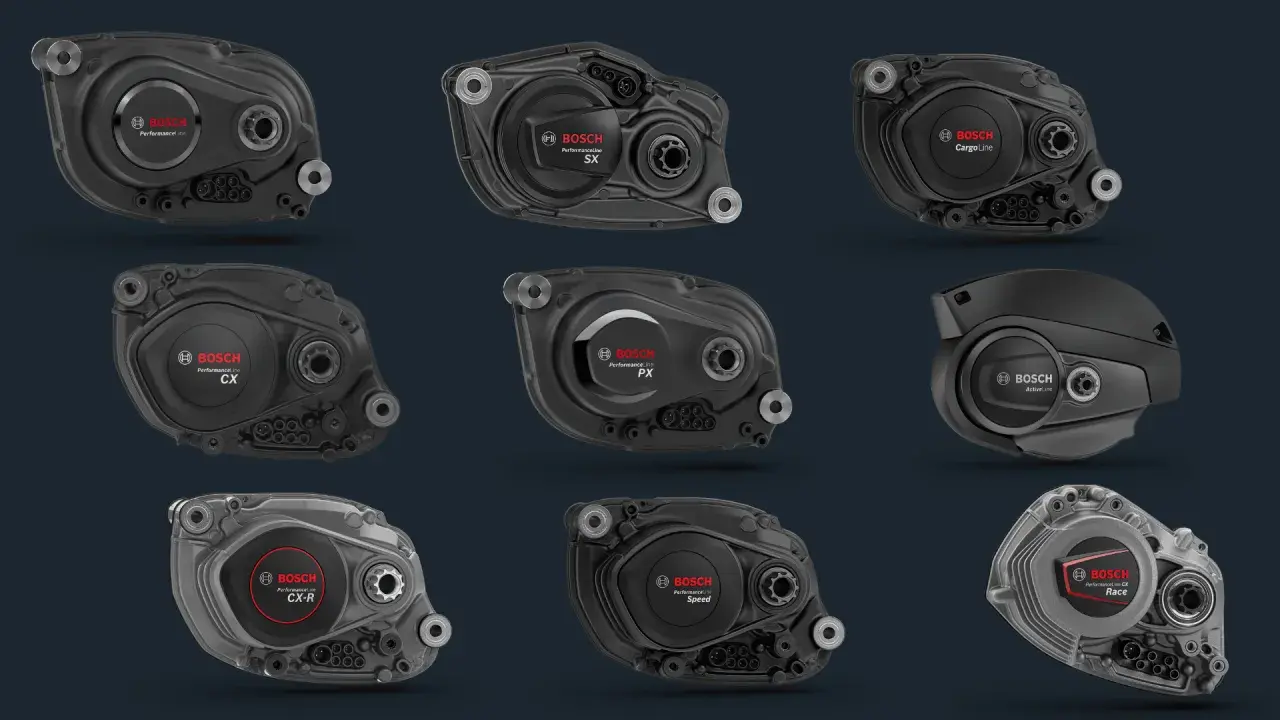 Neun verschiedene Bosch **e-bike motor** Modelle, darunter Performance Line CX, SX und Cargo Line, nebeneinander präsentiert.